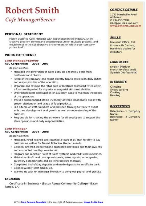 Cafe Manager Resume Samples Qwikresume