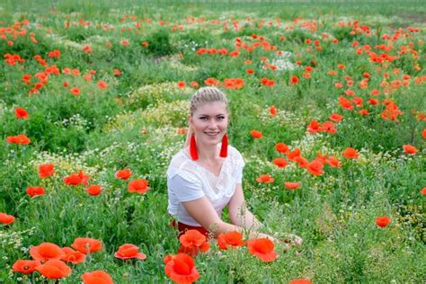 Premium Photo Blonde Young Woman In Red Skirt And White Shirt Red