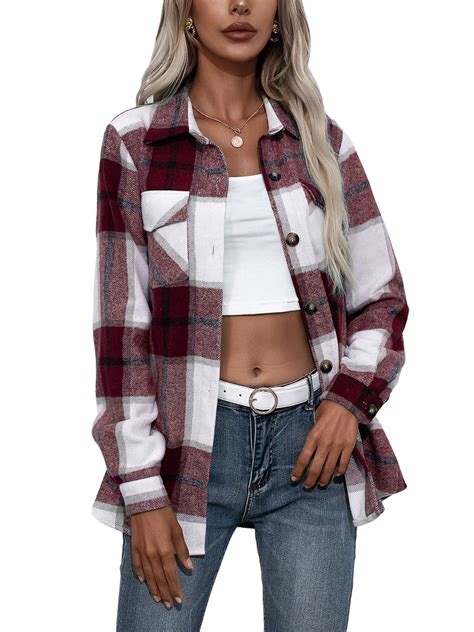 Sunisery Women S Plaid Shacket Jacket Flannel Long Sleeve Shirt Lapel Button Down Loose Coat