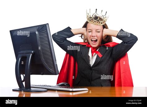 Superwoman Worker With Crown Working In Office Stock Photo Alamy