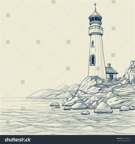 Lighthouse On Seashore Vector Sketch Stock Vector Shutterstock