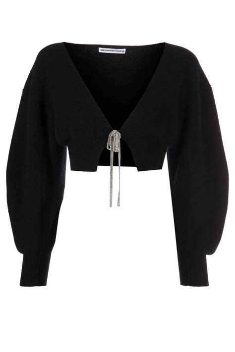 Alexander Wang Crystal Tie V Neck Cropped Cardigan Black In