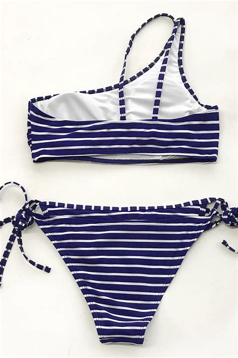 Blue And White Stripe One Shoulder Bikini