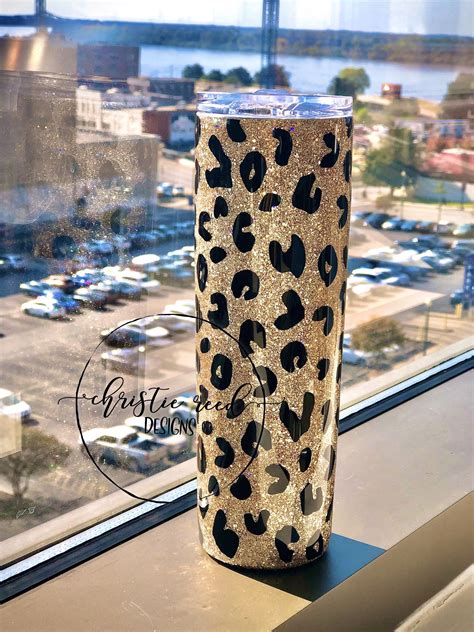 Skinny Glitter Tumbler Leopard Print Glittered Tumbler Etsy Glitter