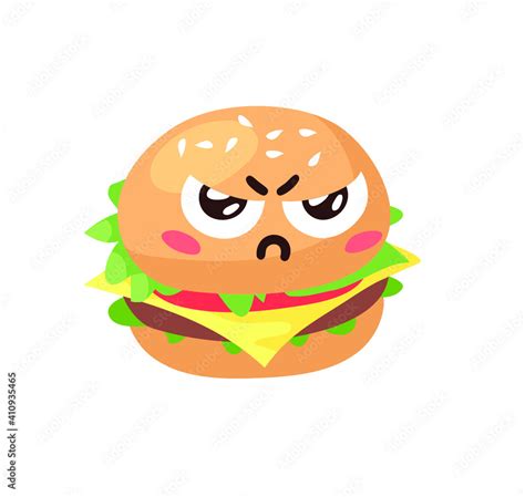 Hand Drawn Cartoon Illustration Burger Emoji. Fast Food Vector Drawing Humburger Emoticon. Tasty ...