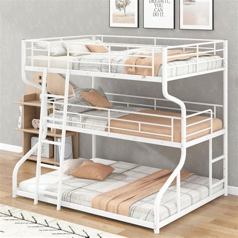 Harper And Bright Designs White Full Xl Over Twin Xl Over Queen Size Metal Triple Bunk Bed With