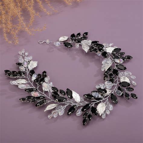 Amazon Kercisbeauty Silver Leaves Black Crystal Beads Headpiece