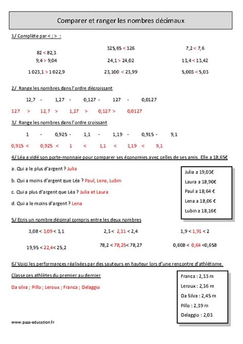 Comparer Ranger Les Nombres Décimaux Cm1 Exercices Corrigés Numération Mathématiques