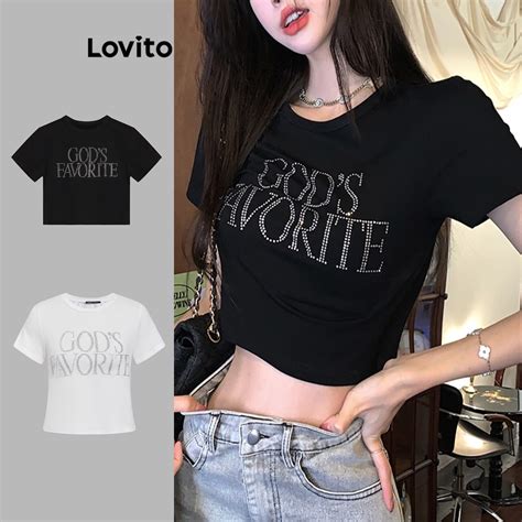 Lovito Camiseta Y K Letras Em Strass Para Mulheres Lna Preto