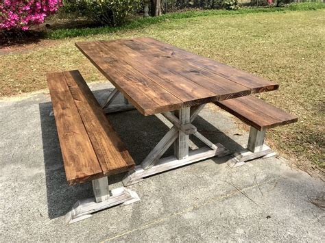 Rustic Pedestal 7ft Farmhouse Table With Long Benches Etsy Outdoor Farmhouse Table