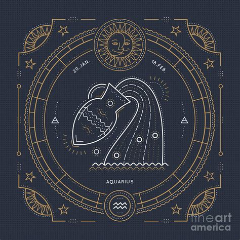 Vintage Thin Line Aquarius Zodiac Sign Digital Art By Painterr Pixels