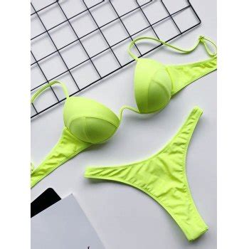 Emmiol Kostenloser Versand Solid Bikini Set Nach Oben Dr Cken Neongr N L Von Bikinis Im