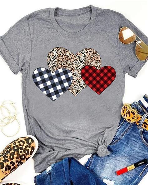 Valentine Plaid Leopard Printed Splicing Heart T Shirt Tee In 2021