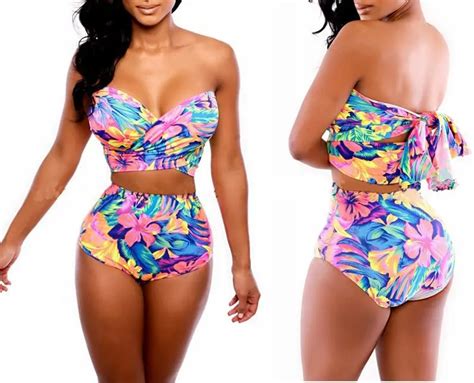 New Women S Retro Vintage Push Up High Waist Two Pieces Shorts Bikini Sets Floral Print
