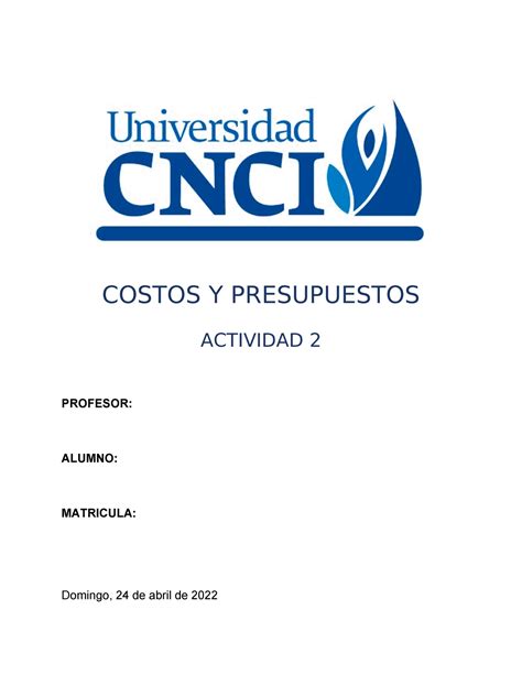 Costos Y Presupuesto Act Costos Y Presupuestos Actividad Profesor