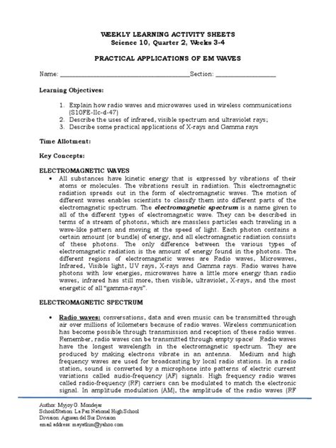 Weekly Learning Activity Sheets Science 10 Quarter 2 Weeks 3 4 Practical Applications Of Em