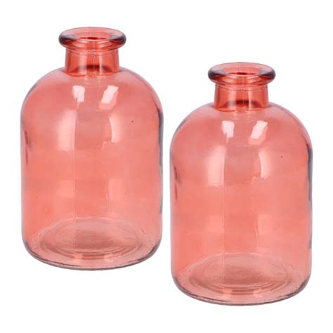 DK Design Bloemenvaas Fles Model 2x Helder Gekleurd Glas Koraal