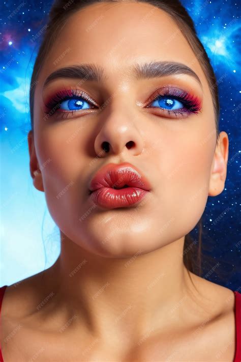 Premium Photo A Woman With Blue Eyes And A Red Top Is Looking Up At The Sky With Stars In The