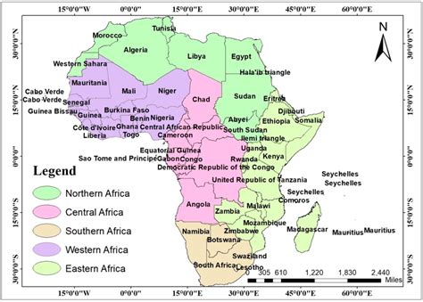 Map of Africa showing five geopolitical regions and African countries