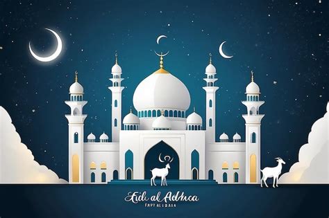 Eid Aladha Mubarak Vector Plantilla De La Mezquita Con La Cabra