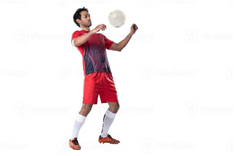 professional football player in red training uniform pose on a white ...