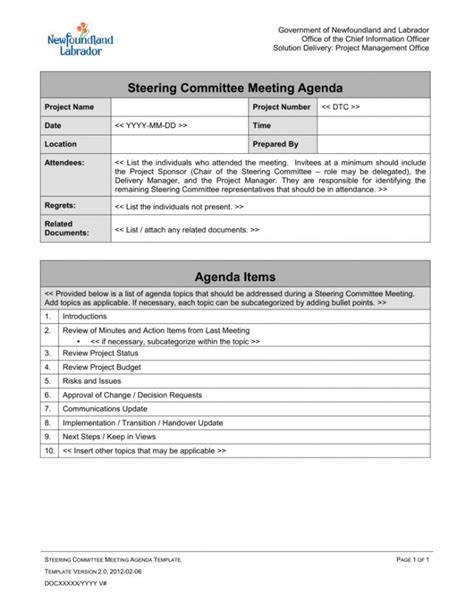 Editable Steering Committee Meeting Agenda Office Of The Intended For