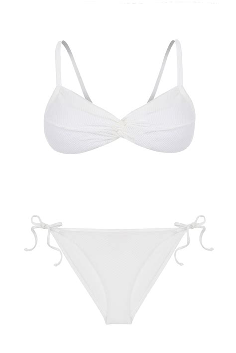 Dönmeli Straplez Dokulu Beyaz Bikini Takım