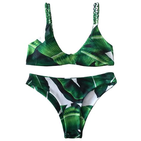 Women S Sexy Bikini Set Leaf Printed Two Piece Swimsuit Push Up