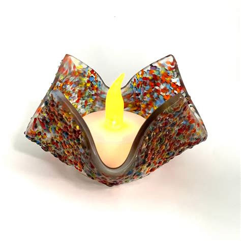 Tea Light Fused Glass Candle Holder Rainbow White Art Glass Etsyde