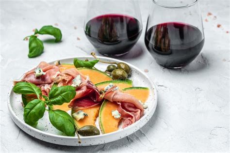 Italian Food With Red Wine Melon And Prosciutto Cantaloupe Melon With