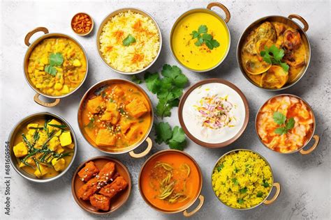 Indian ethnic food buffet on white concrete table from above: curry ...