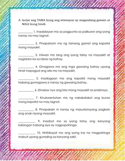 Pag Aalaga Sa Maysakit Worksheet