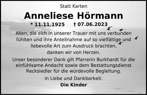 Traueranzeigen von Anneliese Hörmann nordwest trauer de