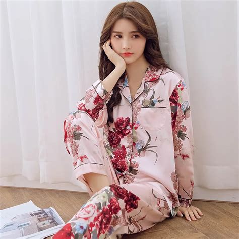 Spring Summer Pajamas Women Long Sleeve Ice Silk Pyjama Set Girls Sweet