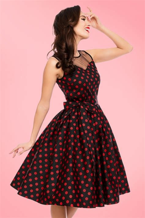 50s Elizabeth Polkadot Swing Dress In Black And Red