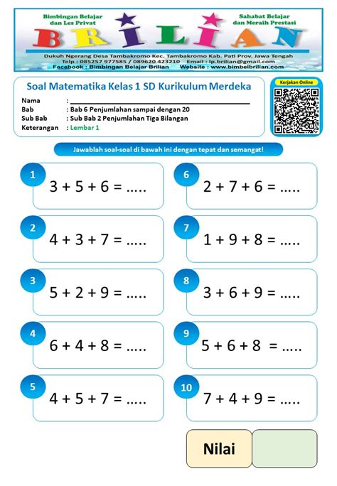 Soal Matematika Kelas 1 SD Kurikulum Merdeka Penjumlahan 3 Bilangan