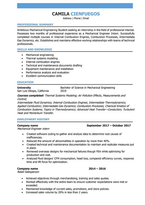 Resume Sample Mechanical Engineering Student Ketisyare