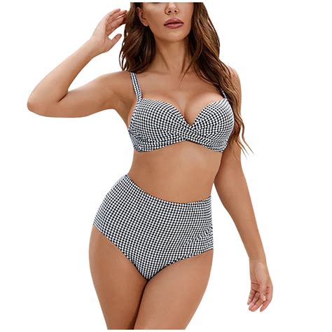 Wreesh Womens Houndstooth Plaid High Waisted Bikini Fashion Bikini With