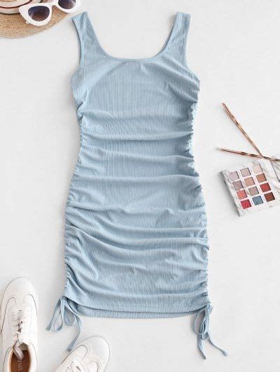 Zaful Ribbed Cinched Tank Dress M Light Blue Tank Dress Black Tank Dress Scoop Collar