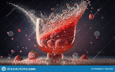 A Glass Filled With Liquid And Strawberries On A Table Stock