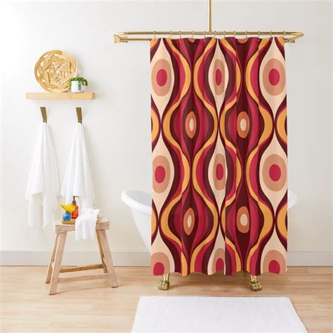 A Shower Curtain With An Abstract Design In Red Orange And Yellow