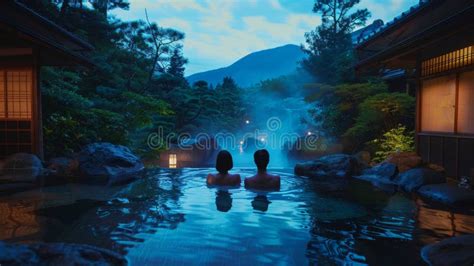 Two People In Outdoor Hot Spring At Night Surrounded By Nature Stock Illustration Illustration