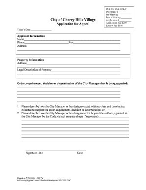 Fillable Online Appeal Application Form Cherry Hills Village Fax