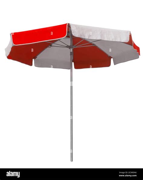 Opened Beach Umbrella With Red And White Stripes Isolated On White