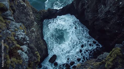 Looking Straight Down A Coastal Sea Cliff Into A Tide Pool Birds Eye