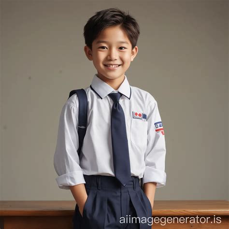 Smiling Korean Boy in School Uniform Studying | AI Image Generator