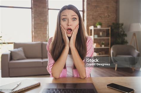 Portrait Of Impressed Brunette Lady Hands Face Wear Pink Shirt Work