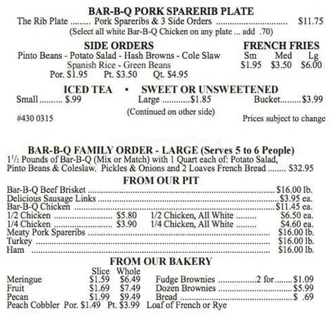 Menu at Bill Miller Bar-B-Q, Castroville