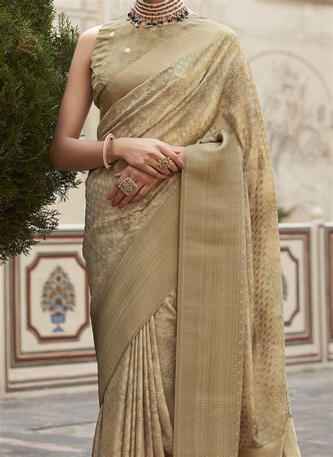 Shop Printed Beige Colour Crepe Silk Saree Festive Wear Online At Best