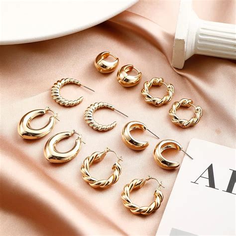 Gold Chunky Hoop Earrings Set For Women 14k Gold Plated Twisted Huggie Hoop Earring